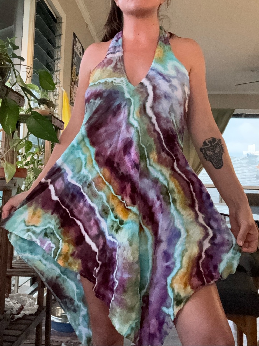 Hand Dyed Asymmetrical Halter Dress in Purple, Teal, Yellow